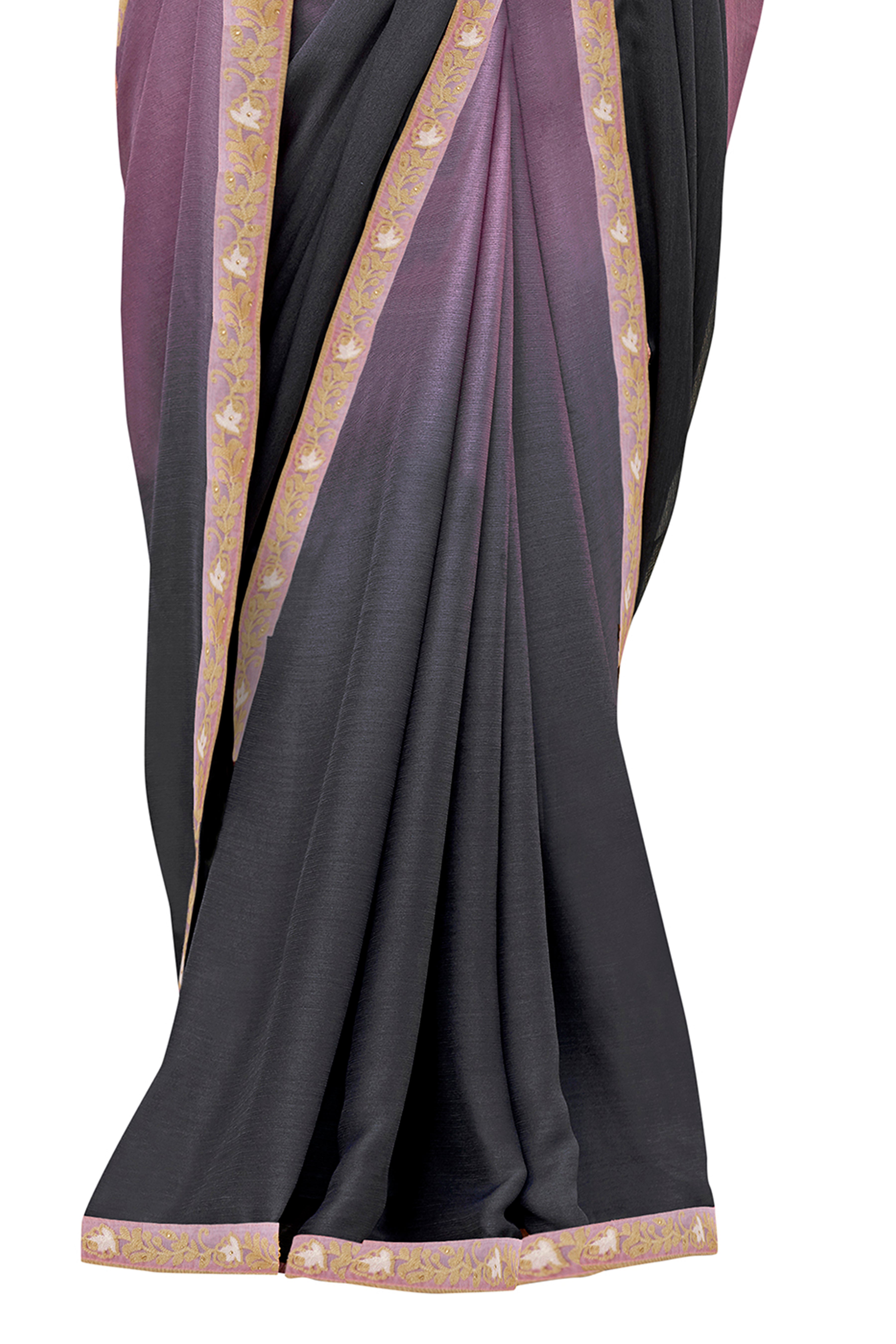 Vamika Purple Designer Saree With Double Blouse 1. Plain Silk Blouse 2. Poncho Blouse (With Embroidery And Stone Work)