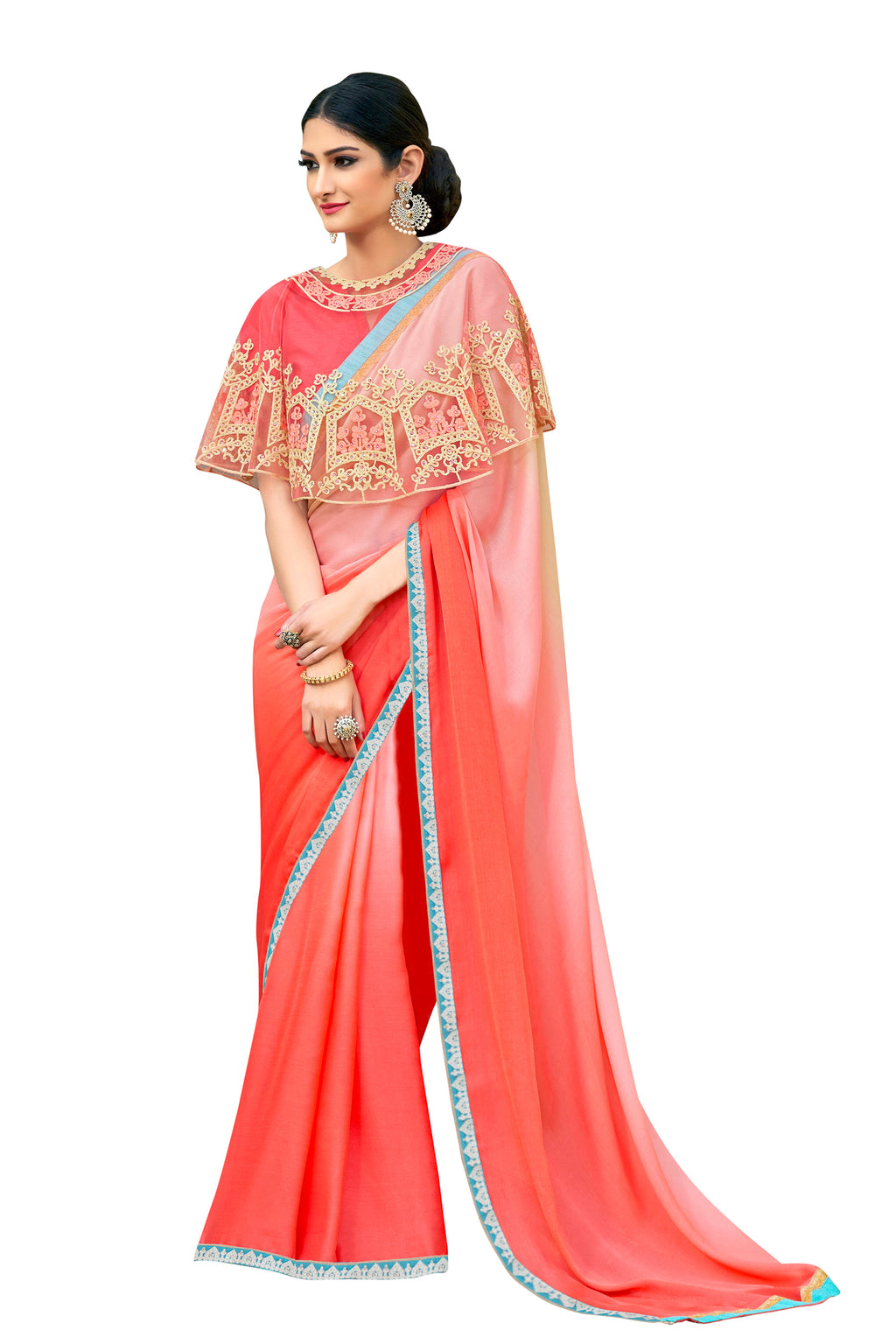 Vamika Peach Designer Saree With Double Blouse 1. Plain Silk Blouse 2. Poncho Blouse (With Embroidery And Stone Work)
