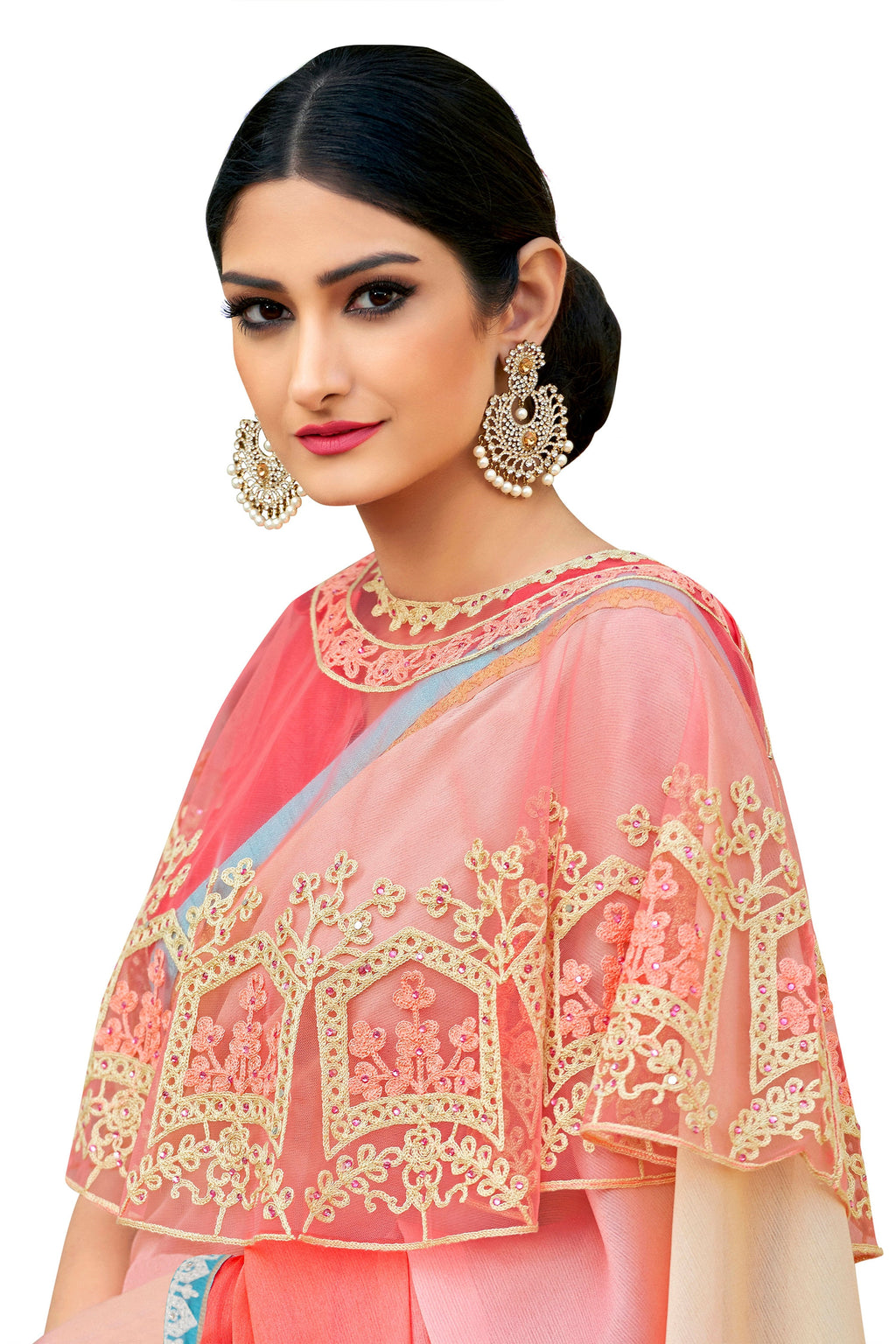 Vamika Peach Designer Saree With Double Blouse 1. Plain Silk Blouse 2. Poncho Blouse (With Embroidery And Stone Work)