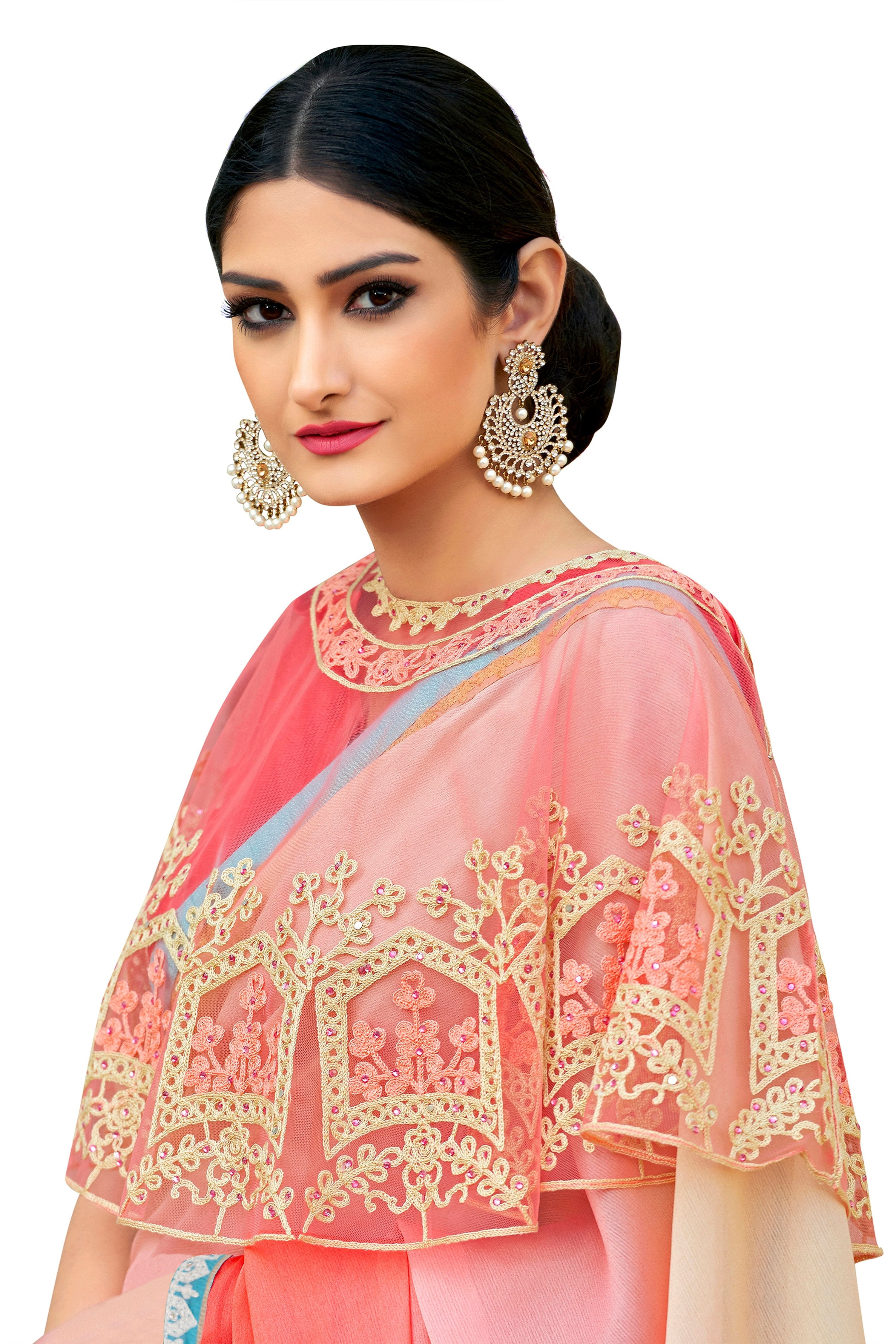 Vamika Peach Designer Saree With Double Blouse 1. Plain Silk Blouse 2. Poncho Blouse (With Embroidery And Stone Work)