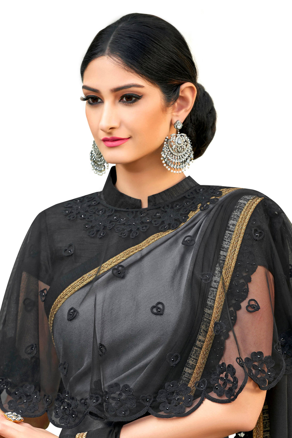 Vamika Black Designer Saree With Double Blouse 1. Plain Silk Blouse 2. Poncho Blouse (With Embroidery And Stone Work)