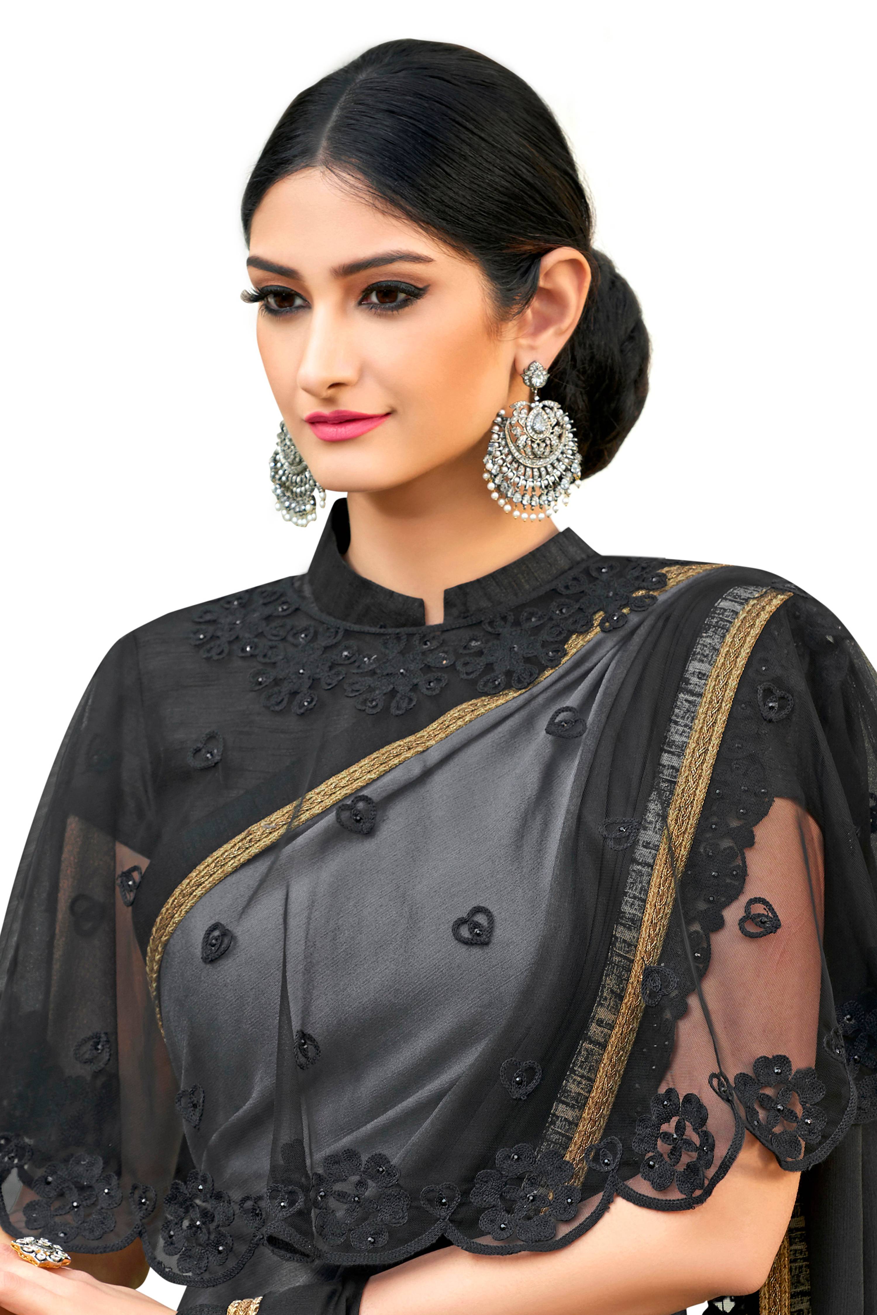 Vamika Black Designer Saree With Double Blouse 1. Plain Silk Blouse 2. Poncho Blouse (With Embroidery And Stone Work)