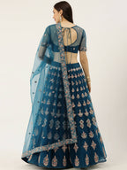 House of Panchhi Teal Net Semi stitched Mirror and Coding Work Lehenga Choli