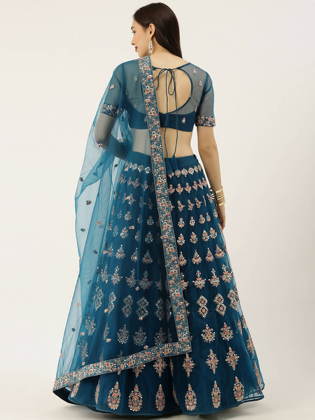 House of Panchhi Teal Net Semi stitched Mirror and Coding Work Lehenga Choli