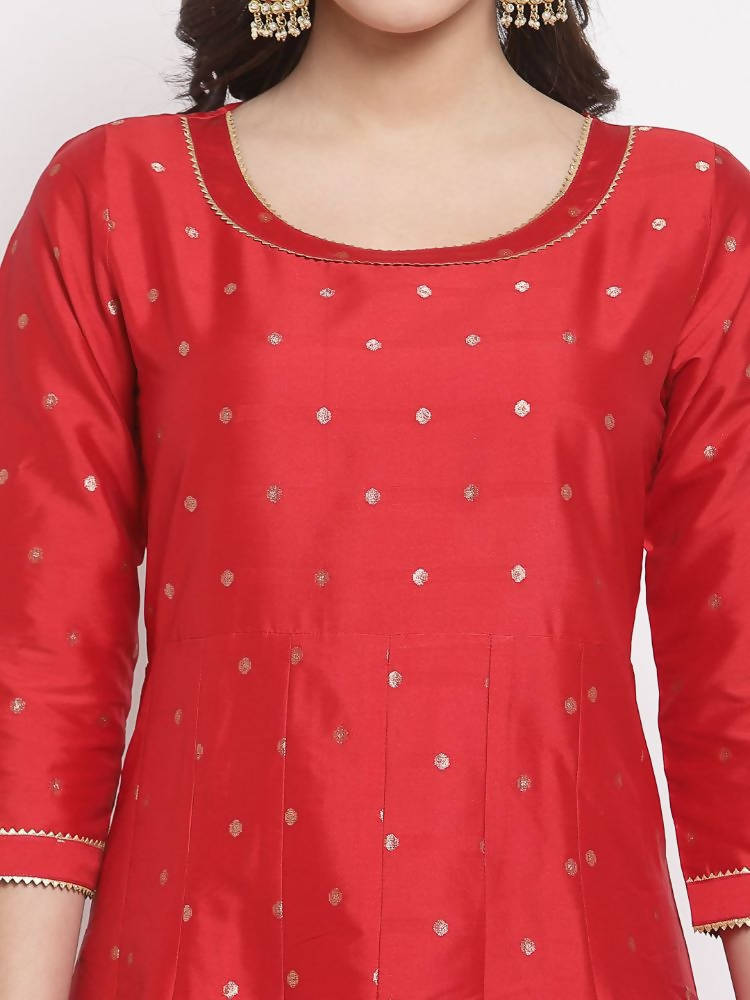Myshka Women's Red Silk Solid 3/4 Sleeve Round Neck Casual Anarkali Kurta Dupatta Set