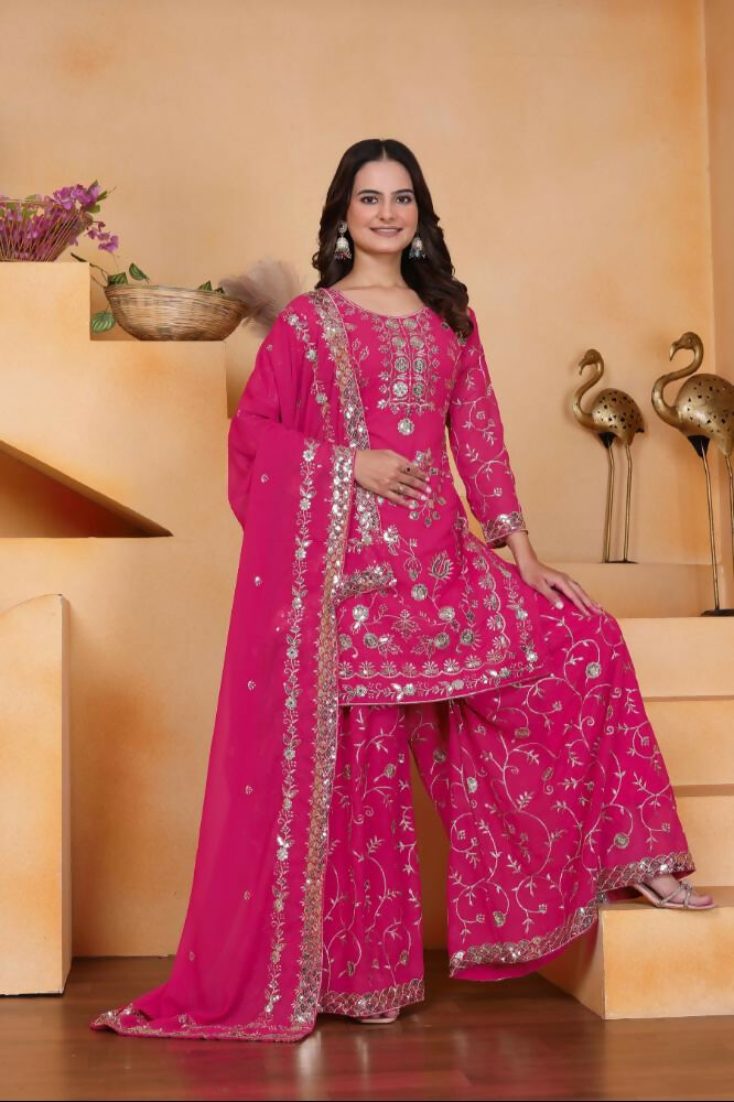 Lehenga Mart Designer Sharara Suit With Kurta, Sharara, Dupatta For Women-Rani Pink - Distacart