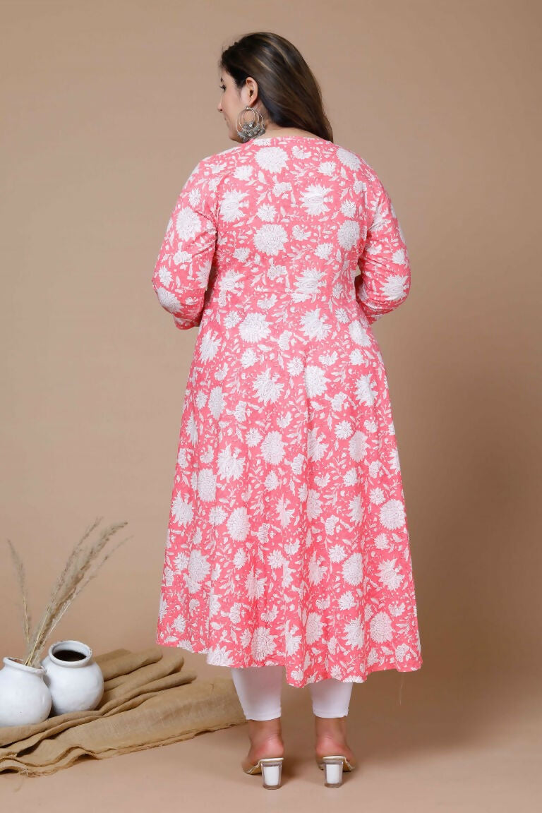 Miravan Women's Pink Plus Size Cotton Floral Printed Anarkali Kurta