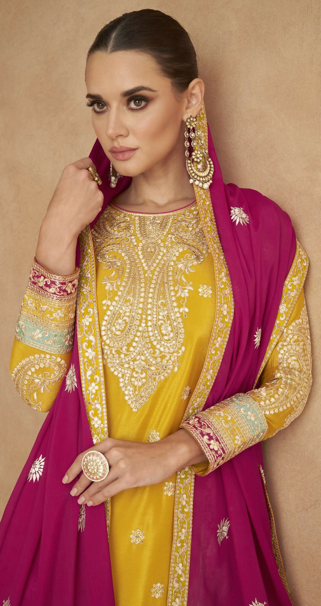 Anaita Yellow Chiffon Suit with Embroidery Coding Sequence Work - Distacart