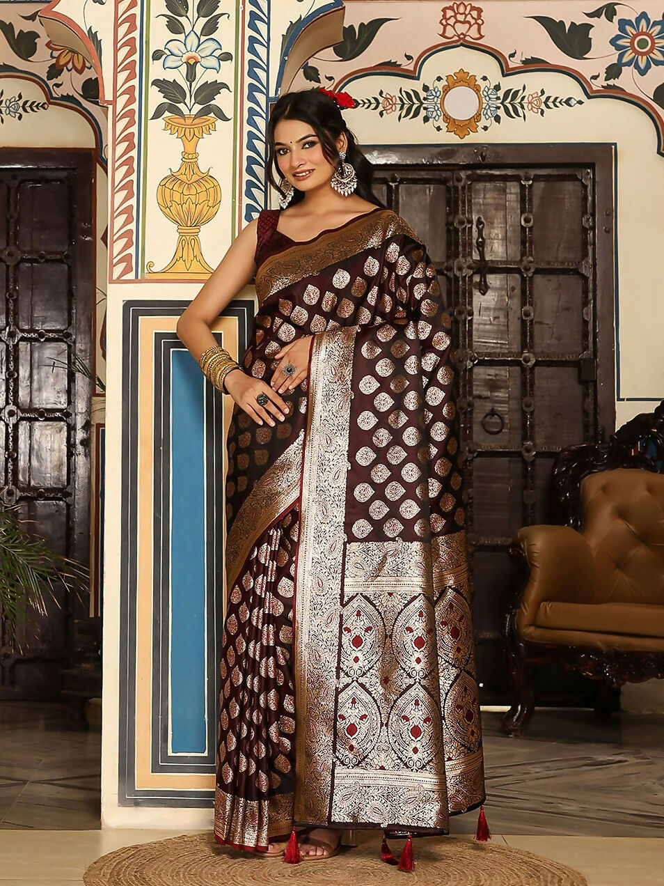 Shree Shyam Fashion Wine Silk Saree - Distacart