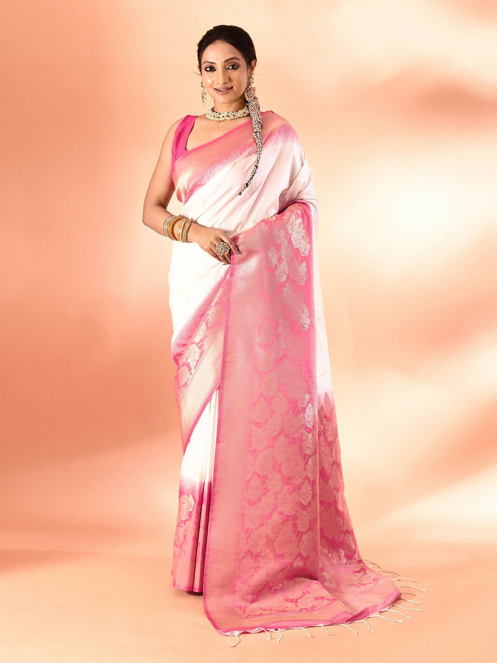 Joban Fashion White & Rani Pink Plain With Weaving Border Banarasi Silk Sarees