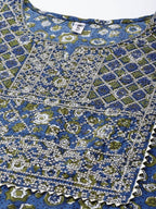 Yufta Blue & Green Printed Embroidered Kurta with Trouser and Dupatta Set