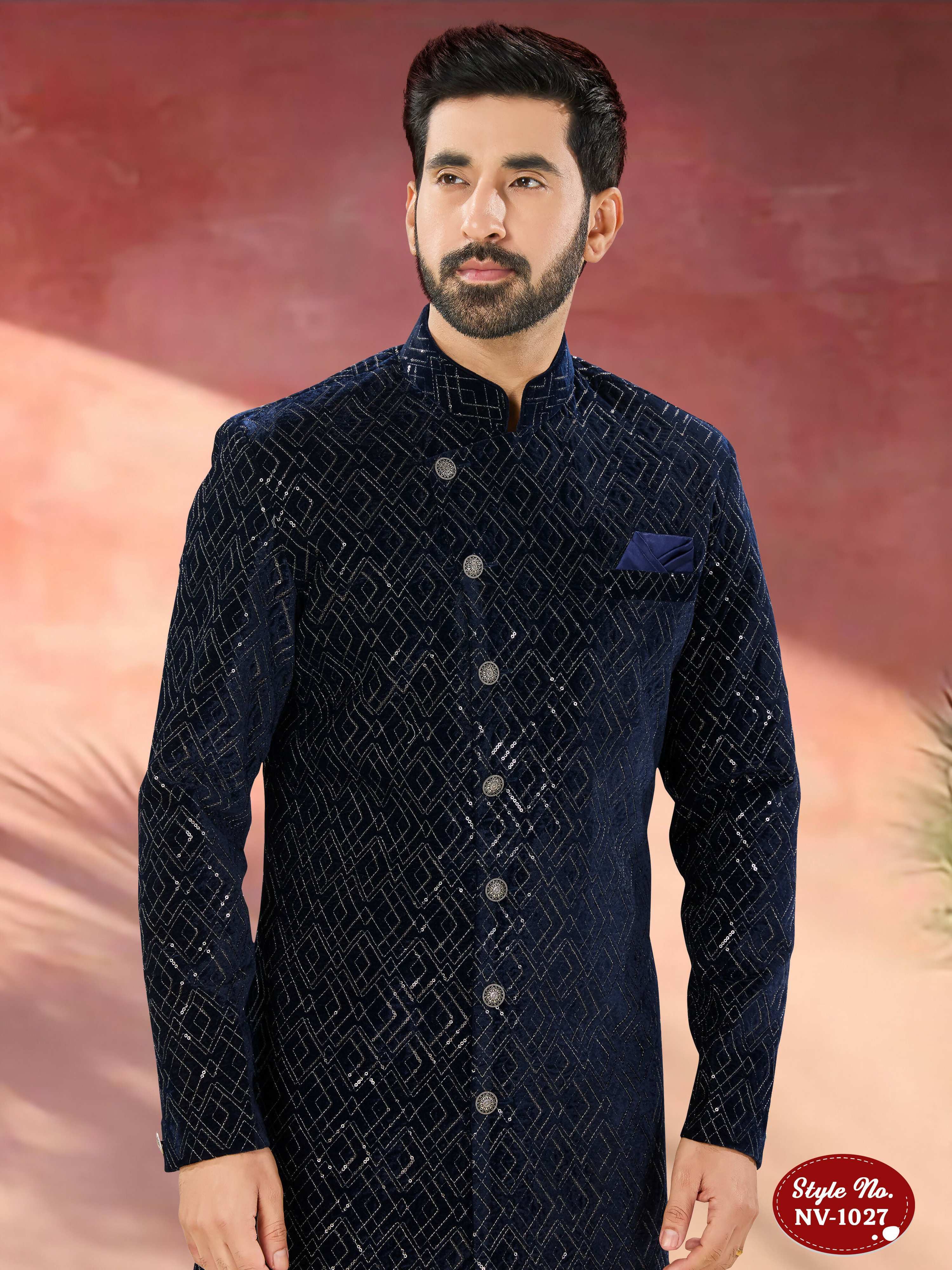 Joban Fashion Men's Blue Base Straight Velvet Thread And Sequence Embroidary All Over Indo-Western Kurta Set
