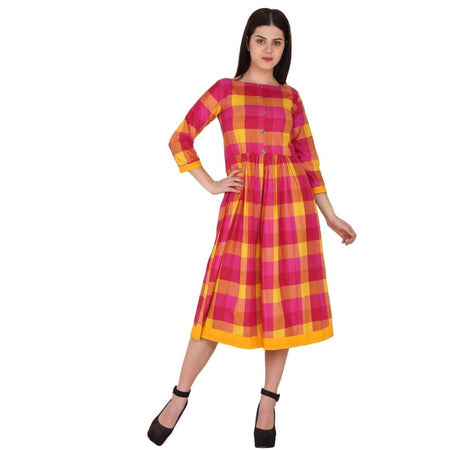 Kanoor Women's Pink and Yellow Rayon Frock Style Kurti