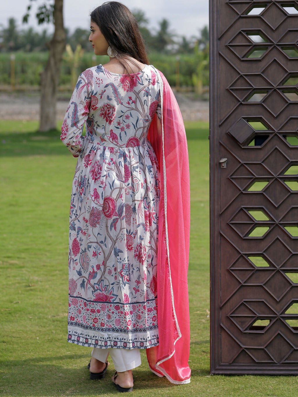 The52 Women's Beautiful Rayon Fabric Printed Work Flared Kurta Pant and Dupatta Set - Distacart