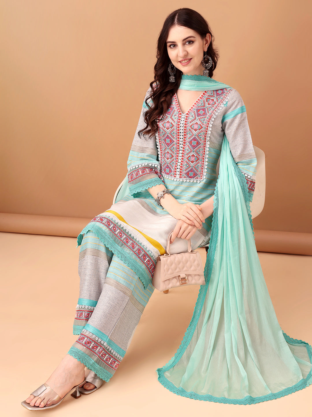 Embroidered & Printed Kurta With Pant & Dupatta Premium, Blue - Hiral Fashion - Distacart