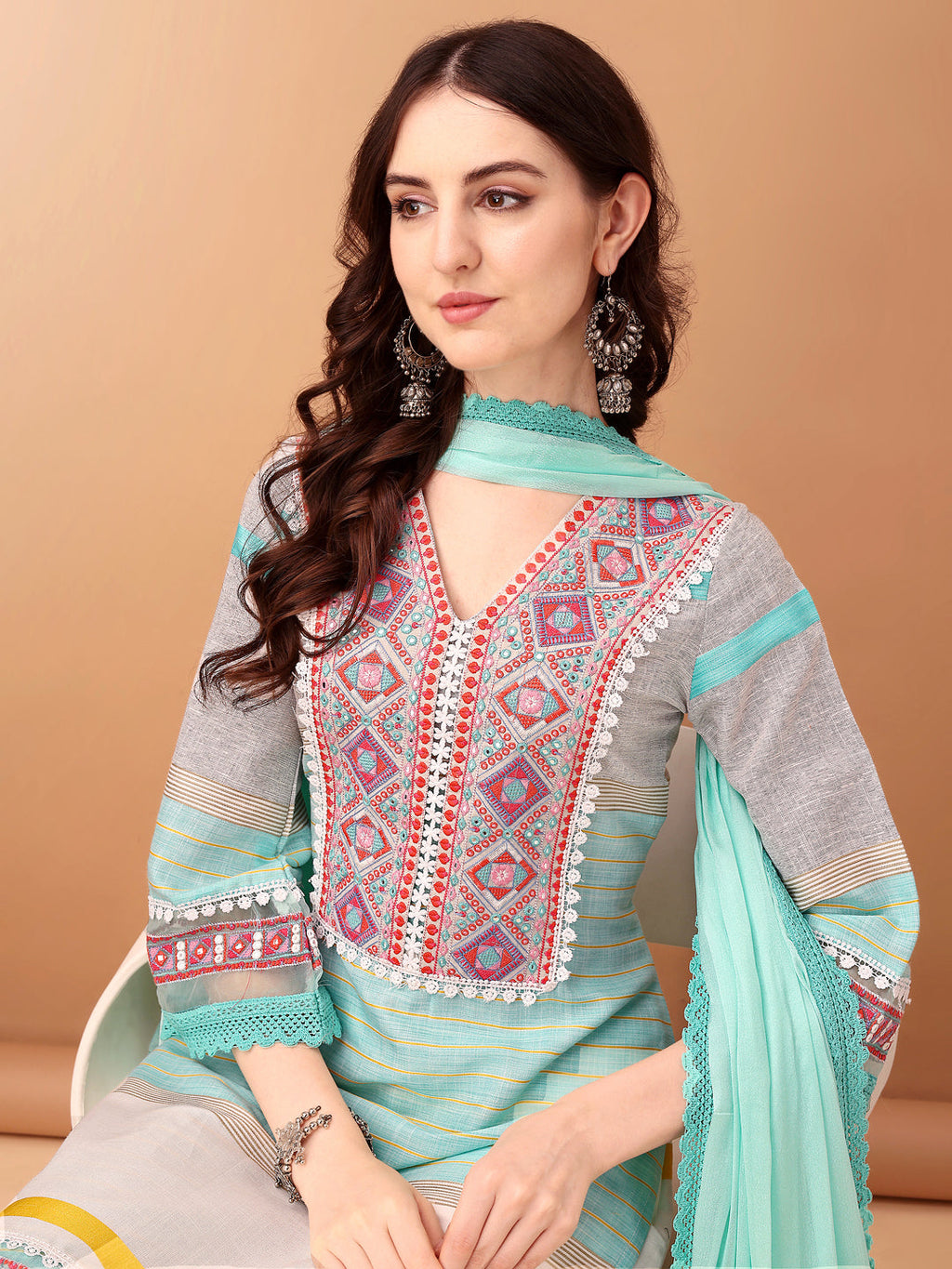 Embroidered & Printed Kurta With Pant & Dupatta Premium, Blue - Hiral Fashion - Distacart
