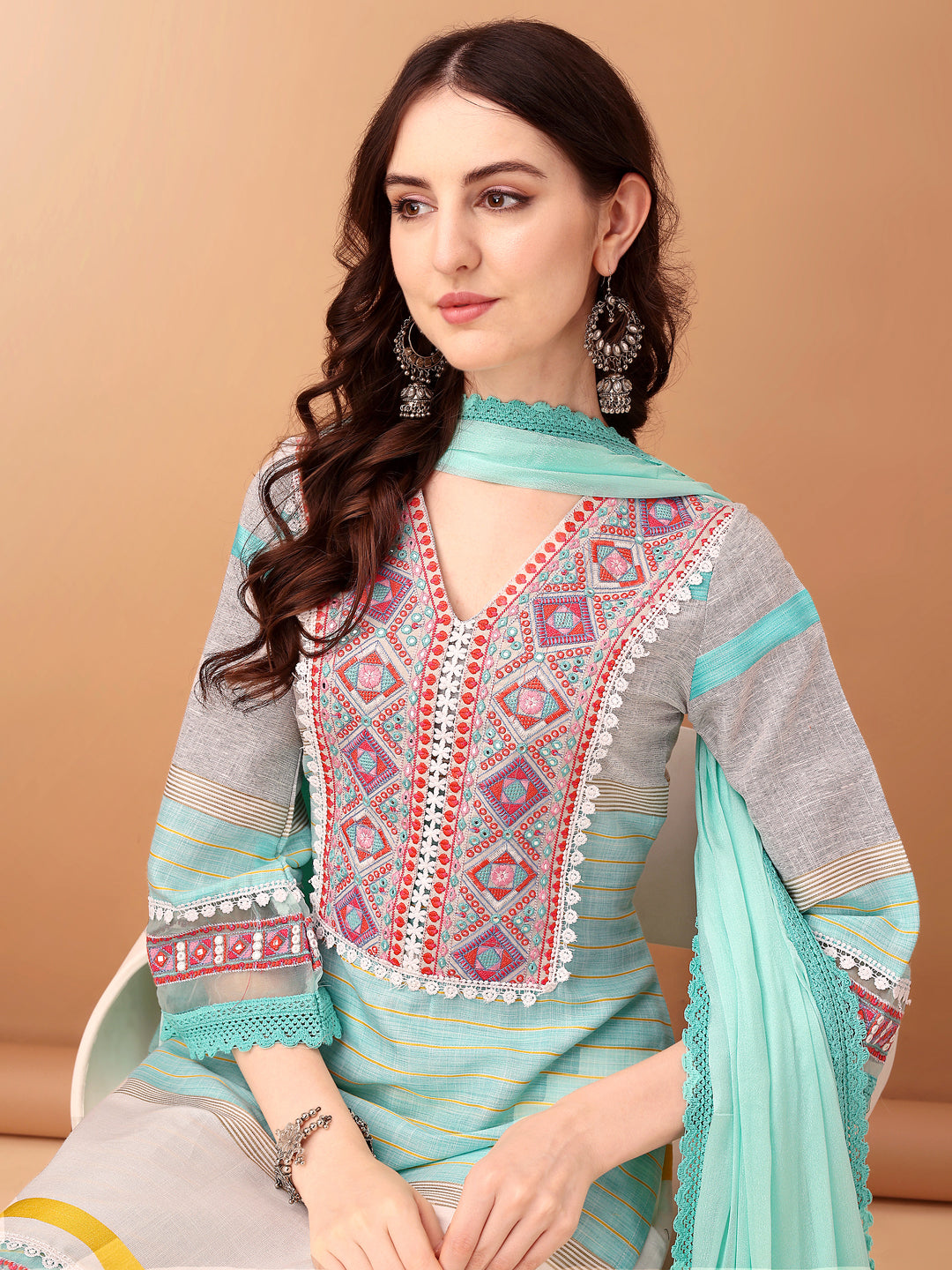 Embroidered & Printed Kurta With Pant & Dupatta Premium, Blue - Hiral Fashion - Distacart