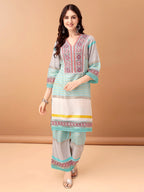 Embroidered & Printed Kurta With Pant & Dupatta Premium, Blue - Hiral Fashion - Distacart