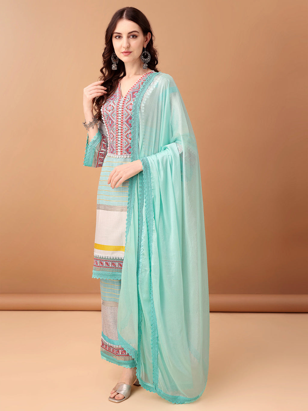 Embroidered & Printed Kurta With Pant & Dupatta Premium, Blue - Hiral Fashion - Distacart