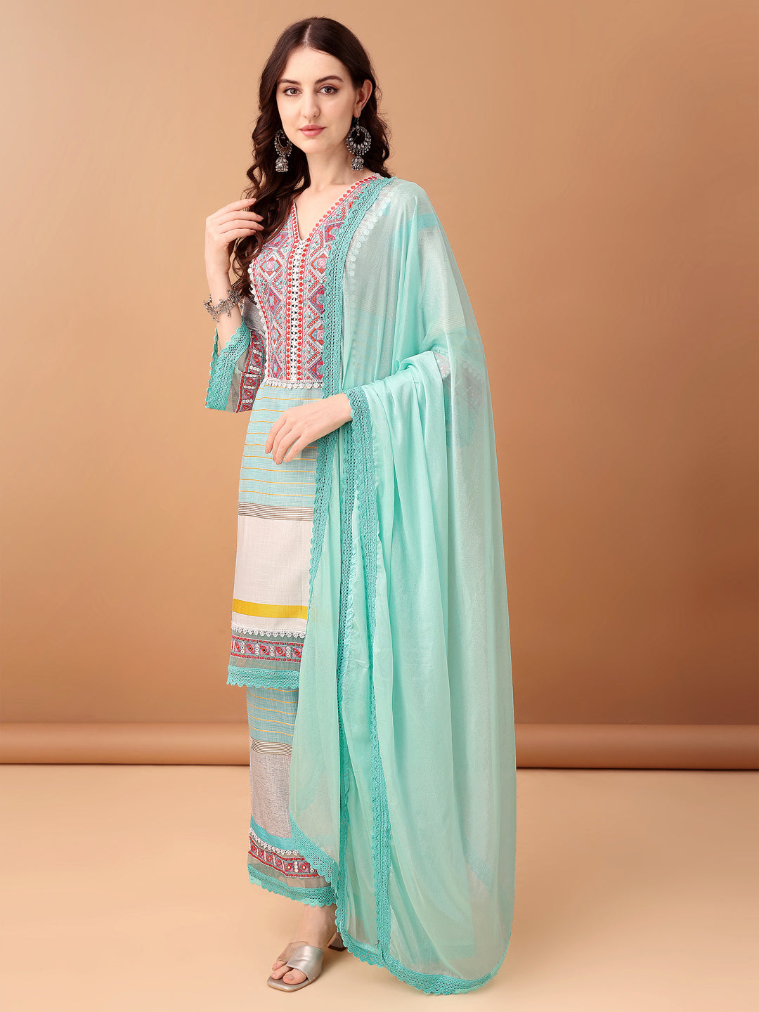 Embroidered & Printed Kurta With Pant & Dupatta Premium, Blue - Hiral Fashion - Distacart