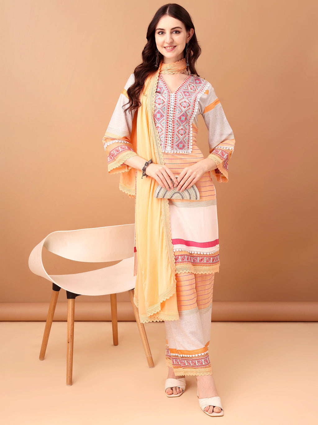 Embroidered & Printed Kurta With Pant & Dupatta Premium, Orange - Hiral Fashion - Distacart