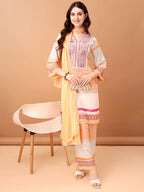 Embroidered & Printed Kurta With Pant & Dupatta Premium, Orange - Hiral Fashion - Distacart