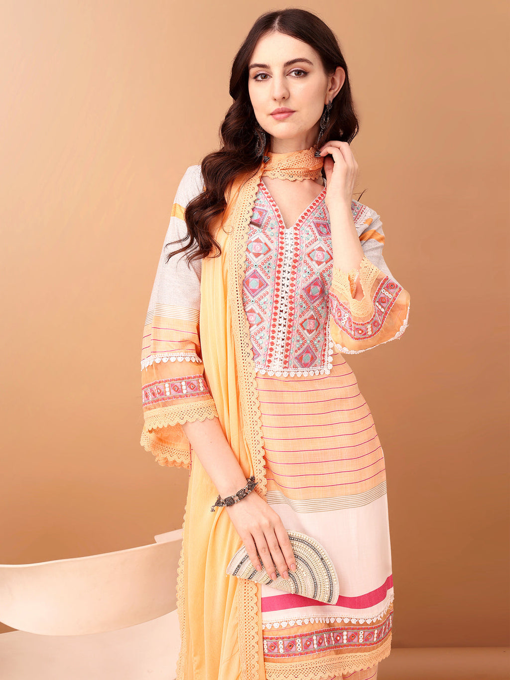 Embroidered & Printed Kurta With Pant & Dupatta Premium, Orange - Hiral Fashion - Distacart