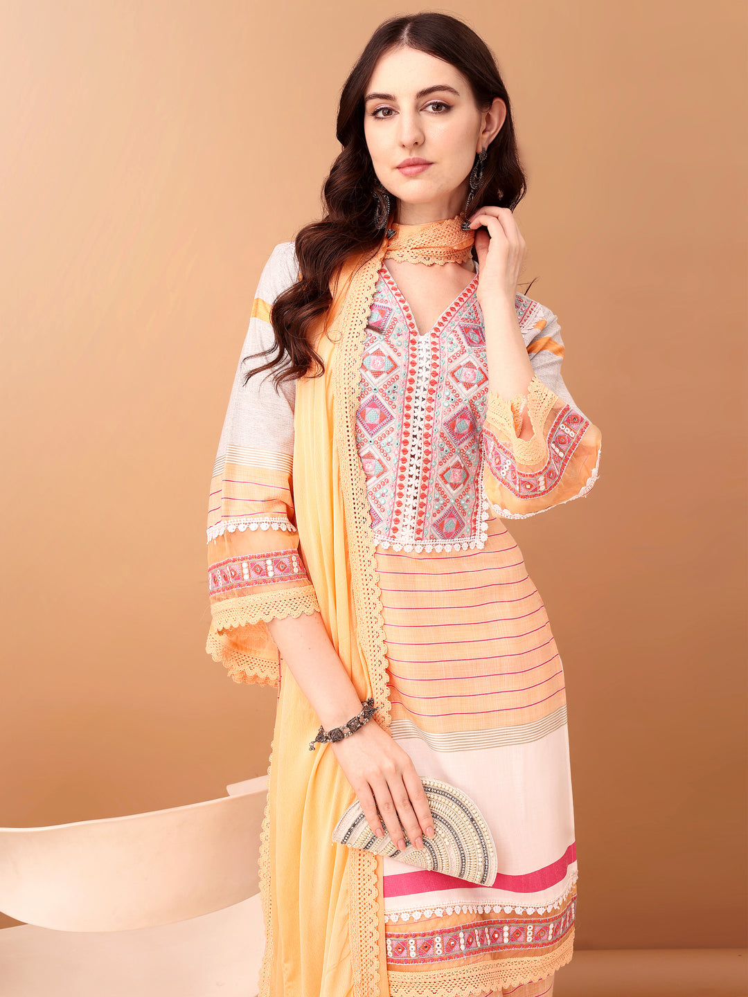 Embroidered & Printed Kurta With Pant & Dupatta Premium, Orange - Hiral Fashion - Distacart
