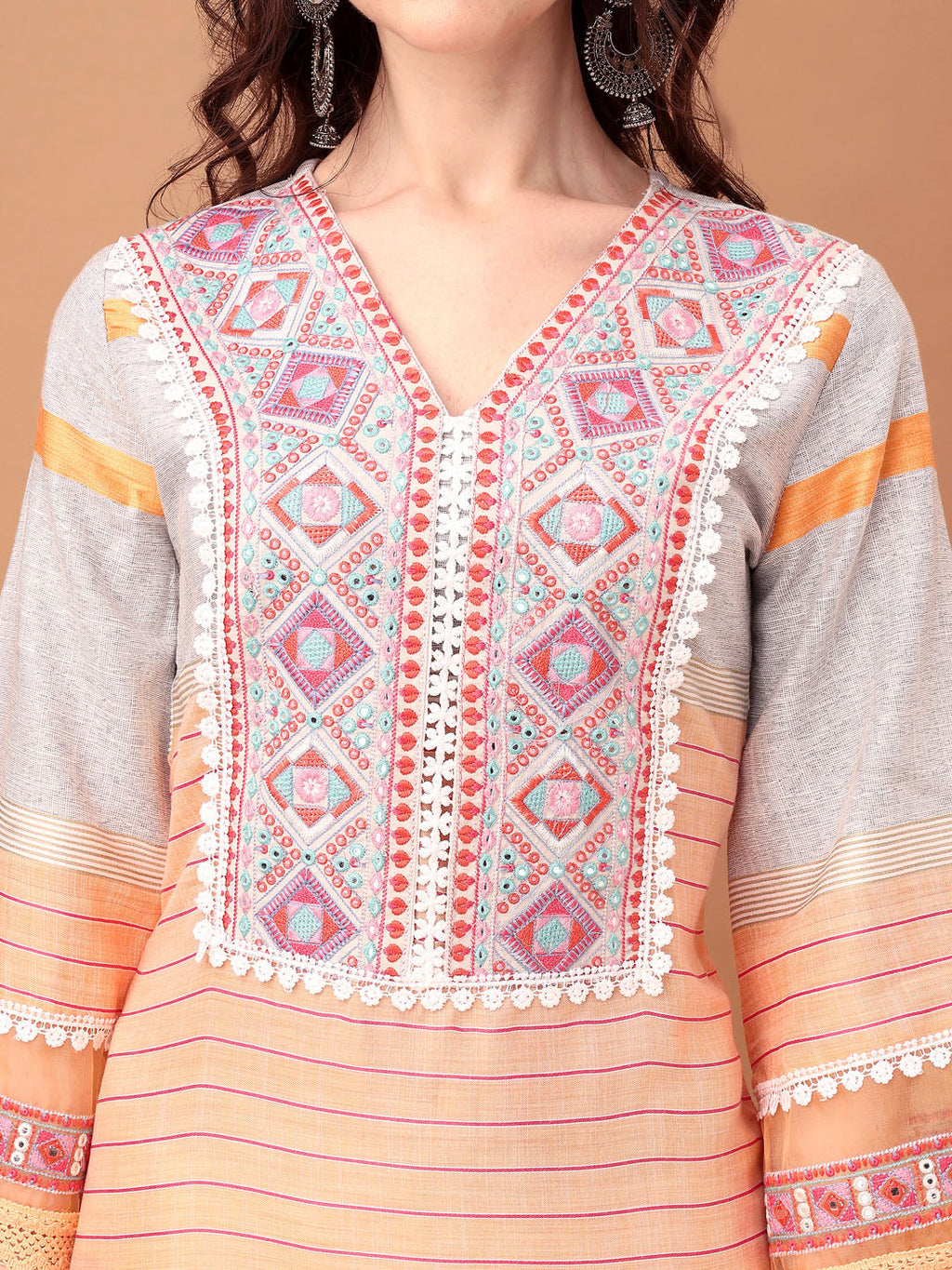 Embroidered & Printed Kurta With Pant & Dupatta Premium, Orange - Hiral Fashion - Distacart