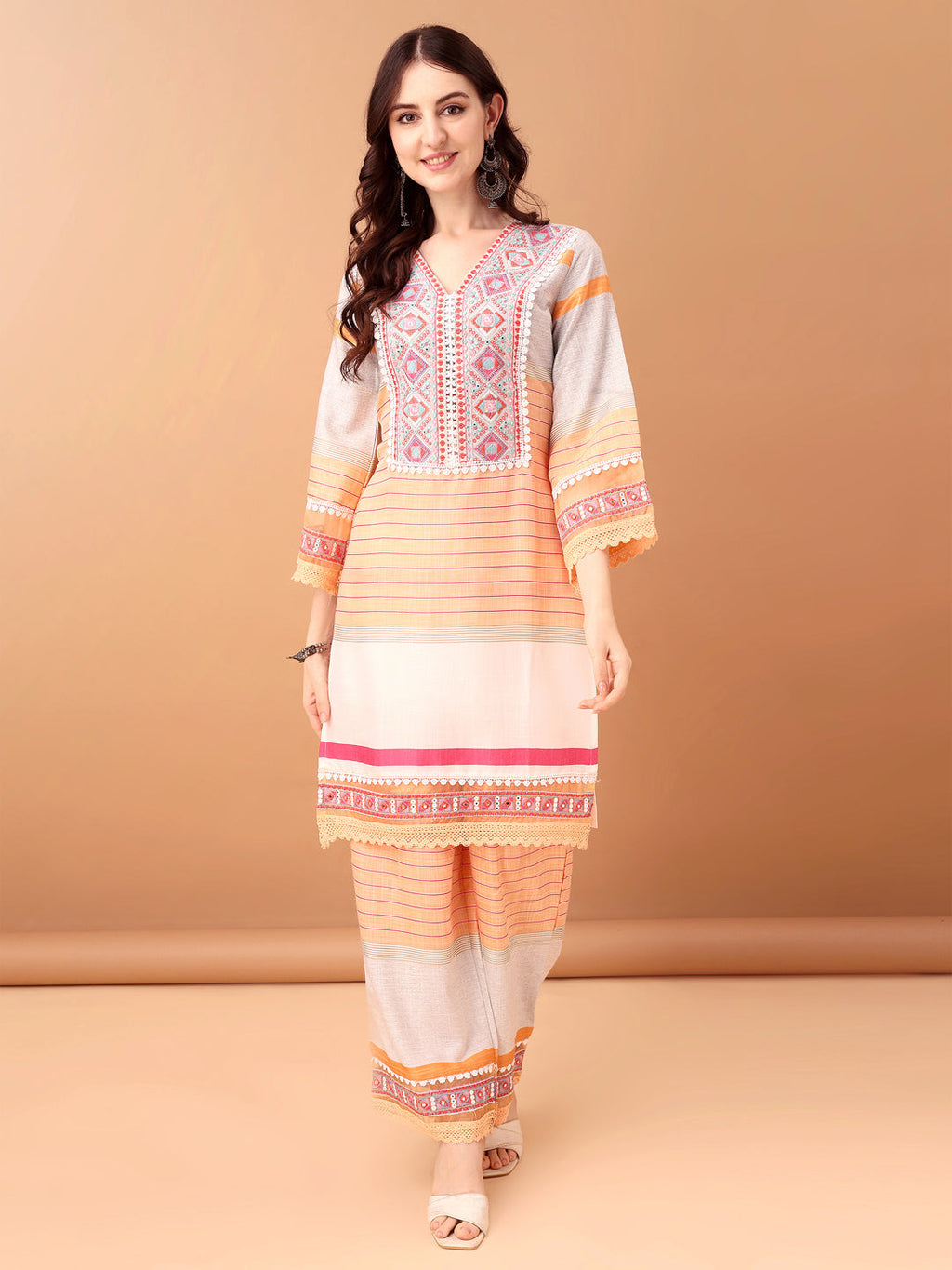 Embroidered & Printed Kurta With Pant & Dupatta Premium, Orange - Hiral Fashion - Distacart