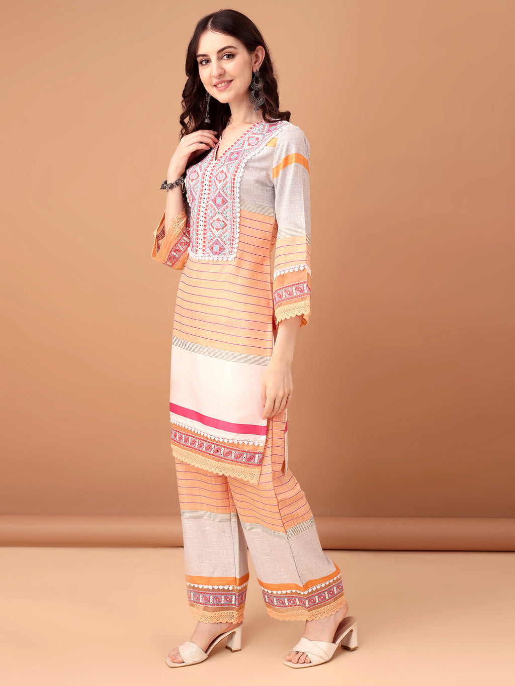 Embroidered & Printed Kurta With Pant & Dupatta Premium, Orange - Hiral Fashion - Distacart