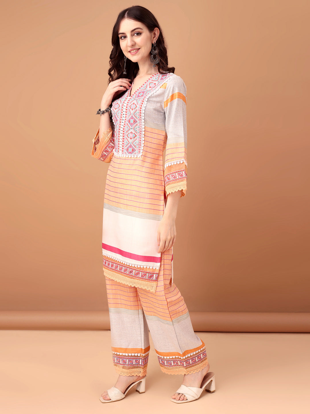 Embroidered & Printed Kurta With Pant & Dupatta Premium, Orange - Hiral Fashion - Distacart