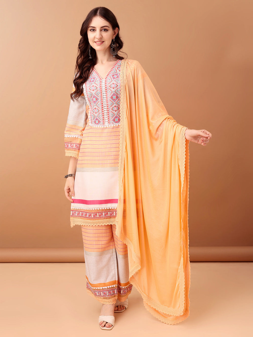 Embroidered & Printed Kurta With Pant & Dupatta Premium, Orange - Hiral Fashion - Distacart