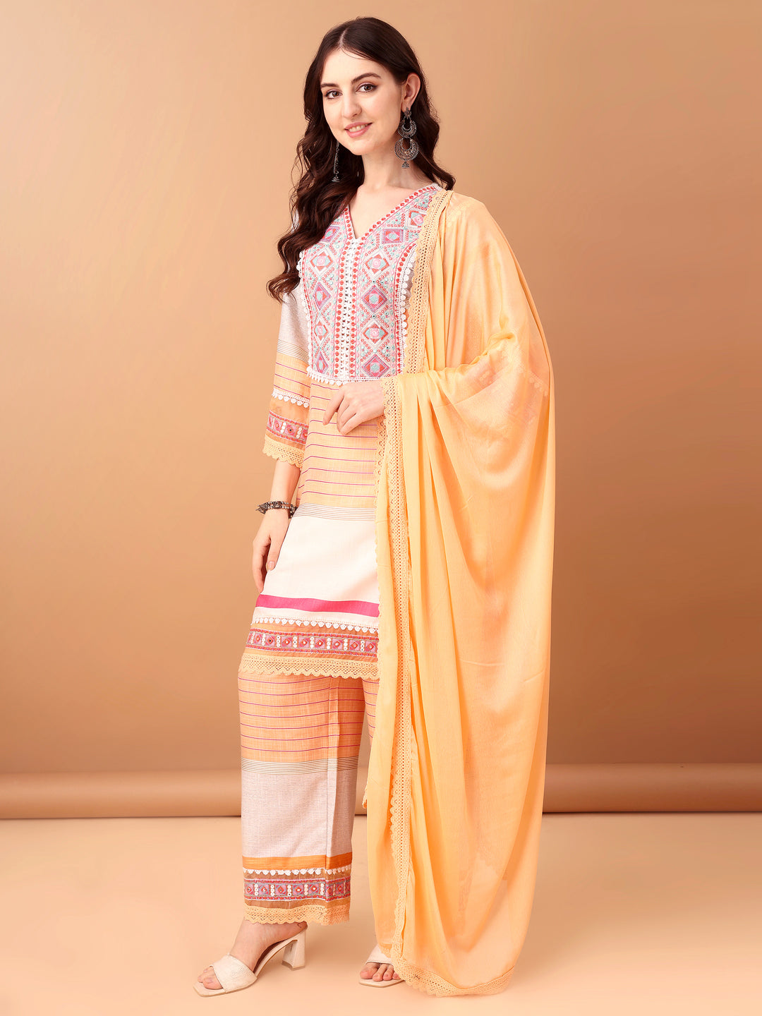 Embroidered & Printed Kurta With Pant & Dupatta Premium, Orange - Hiral Fashion - Distacart