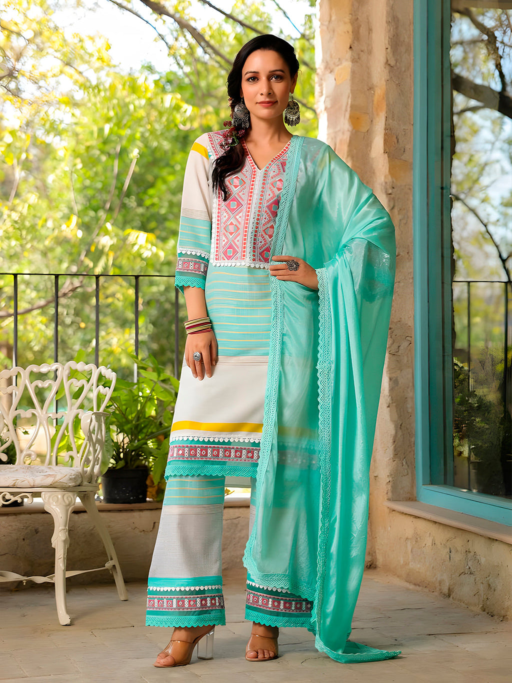 Embroidered & Printed Kurta With Pant & Dupatta Premium, Multicolor - Hiral Fashion - Distacart