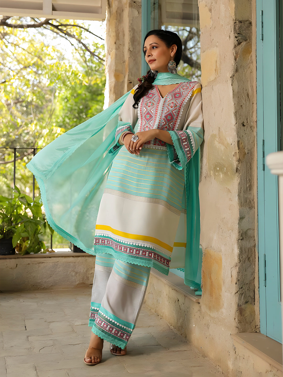 Embroidered & Printed Kurta With Pant & Dupatta Premium, Multicolor - Hiral Fashion - Distacart