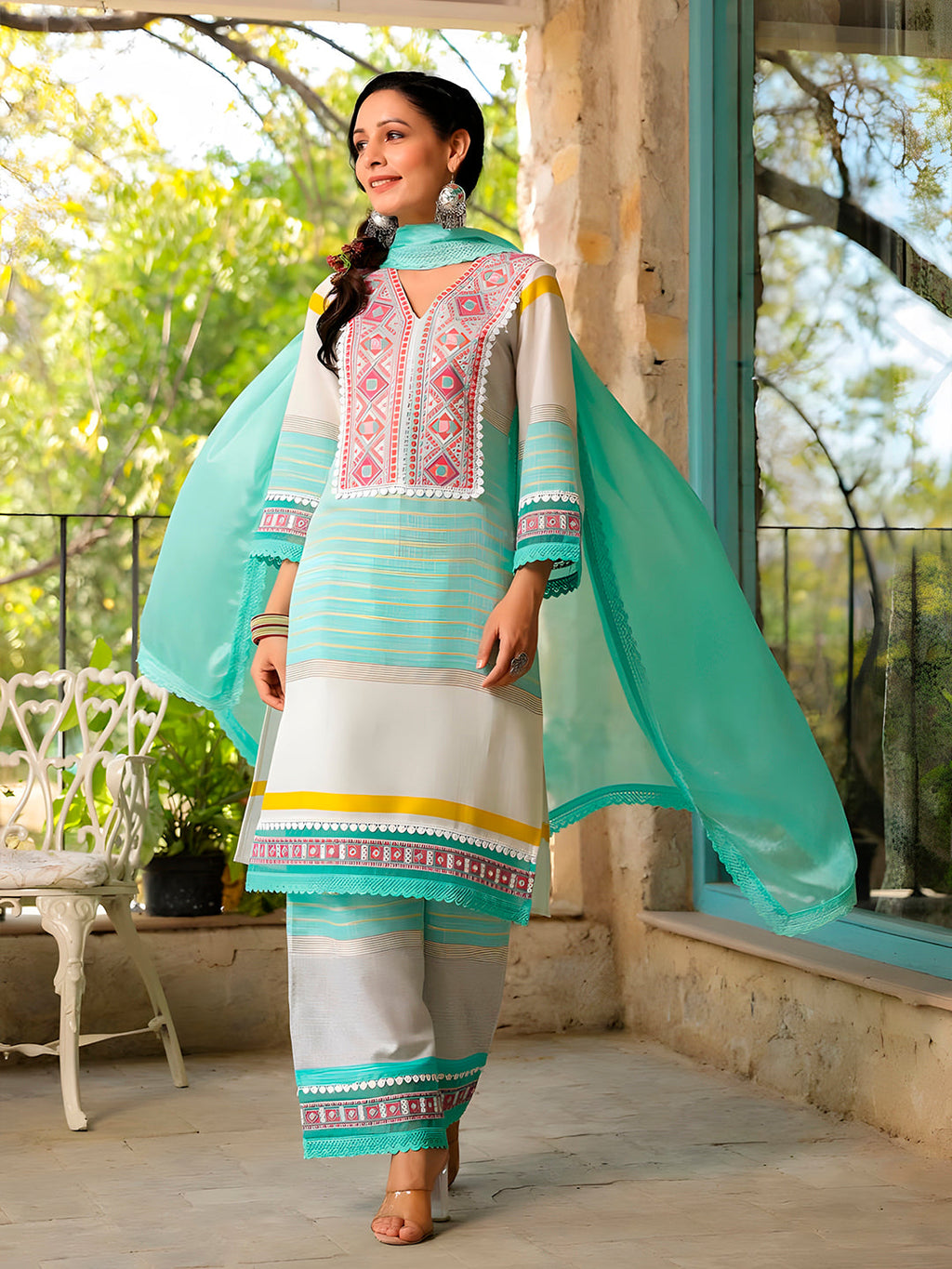 Embroidered & Printed Kurta With Pant & Dupatta Premium, Multicolor - Hiral Fashion - Distacart