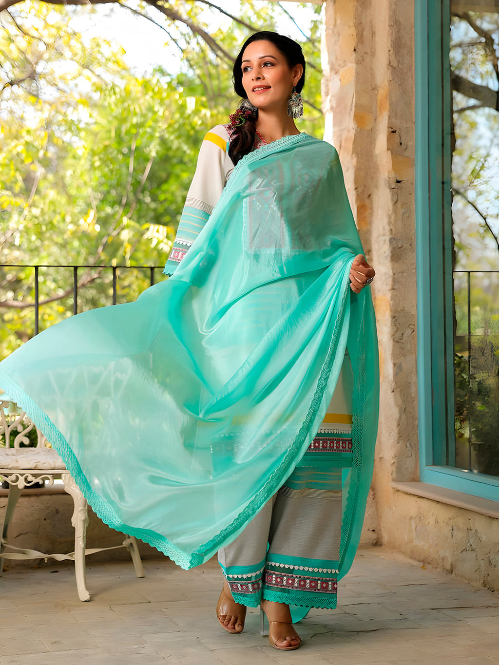 Embroidered & Printed Kurta With Pant & Dupatta Premium, Multicolor - Hiral Fashion - Distacart