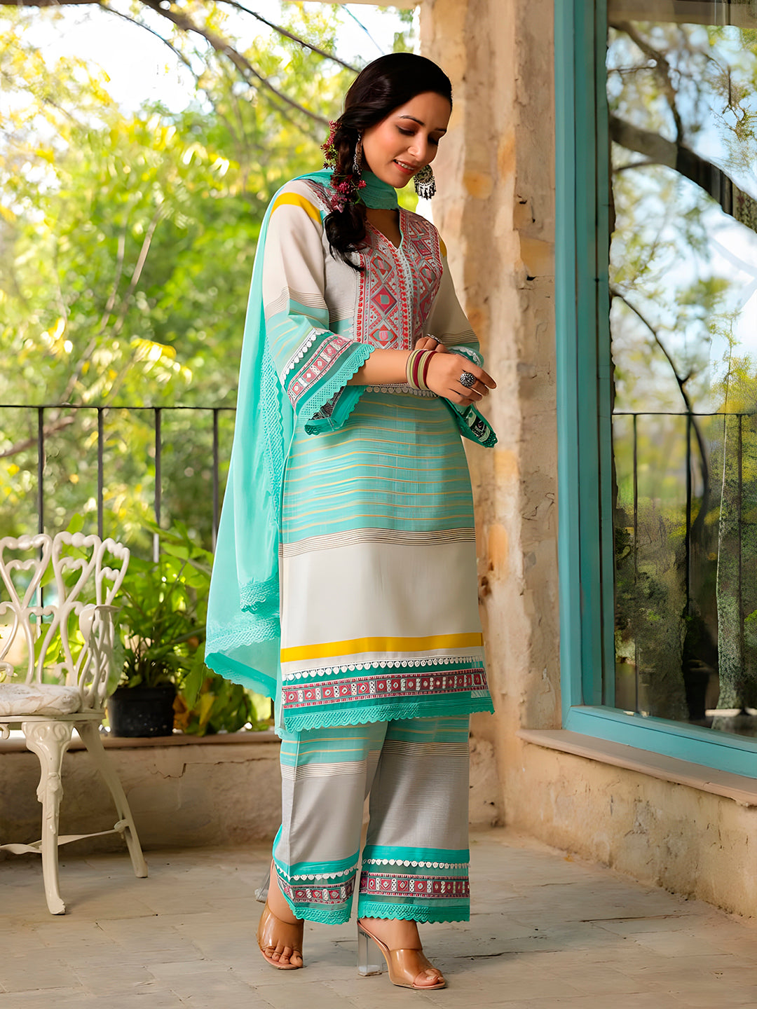 Embroidered & Printed Kurta With Pant & Dupatta Premium, Multicolor - Hiral Fashion - Distacart