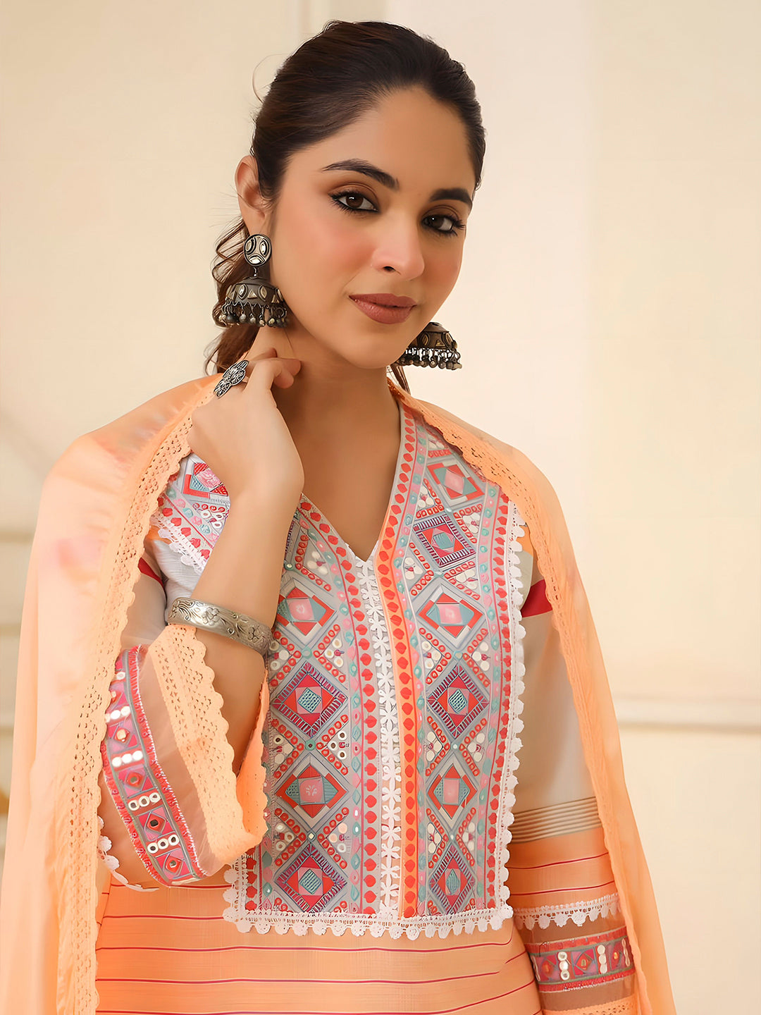 Embroidered & Printed Kurta With Pant & Dupatta Premium, Multicolor - Hiral Fashion - Distacart