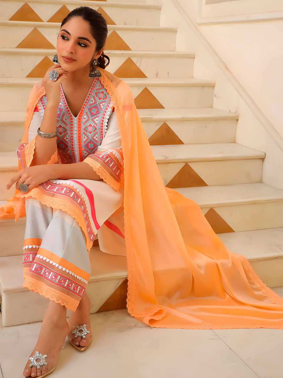 Embroidered & Printed Kurta With Pant & Dupatta Premium, Multicolor - Hiral Fashion - Distacart