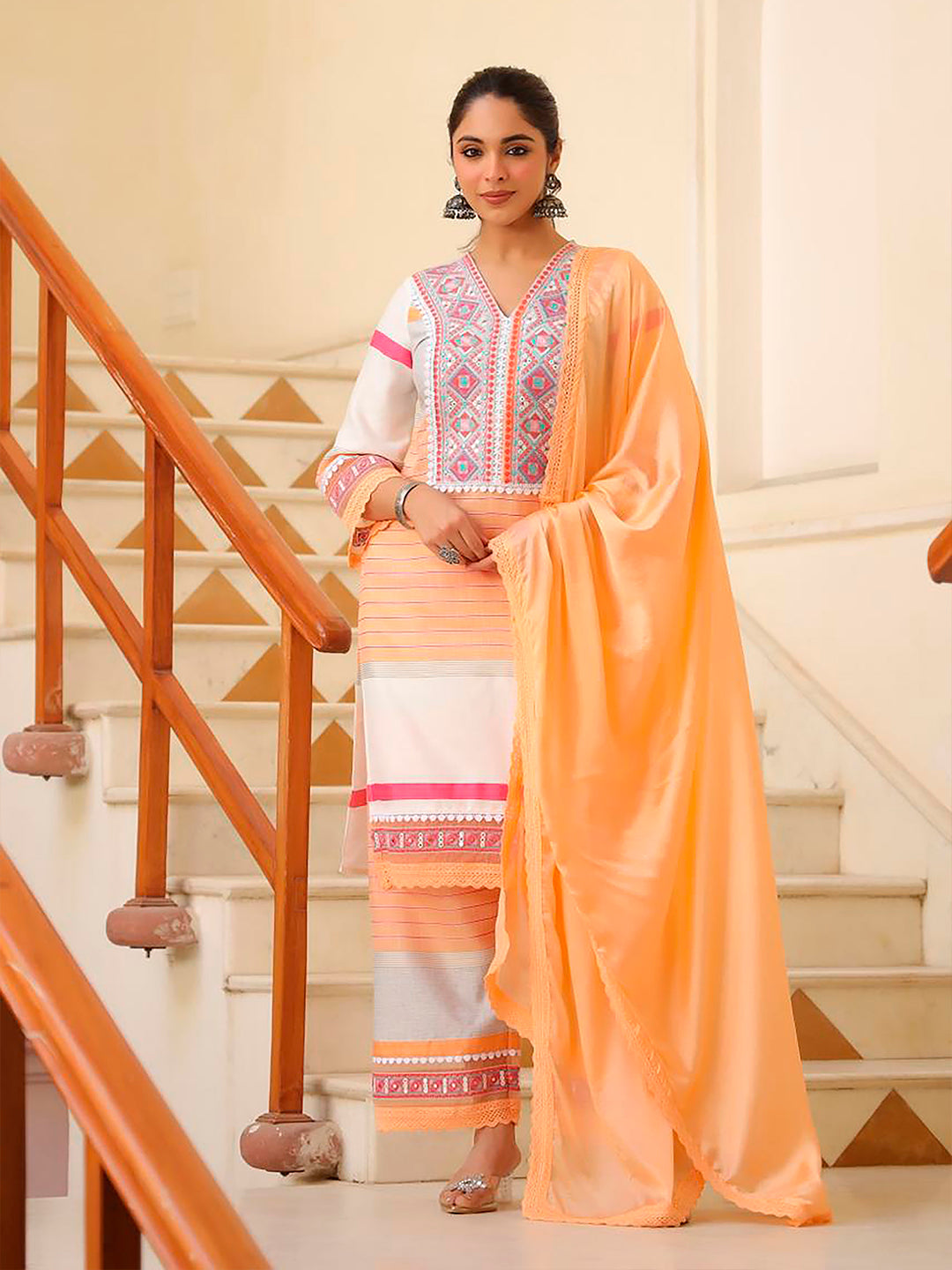 Embroidered & Printed Kurta With Pant & Dupatta Premium, Multicolor - Hiral Fashion - Distacart
