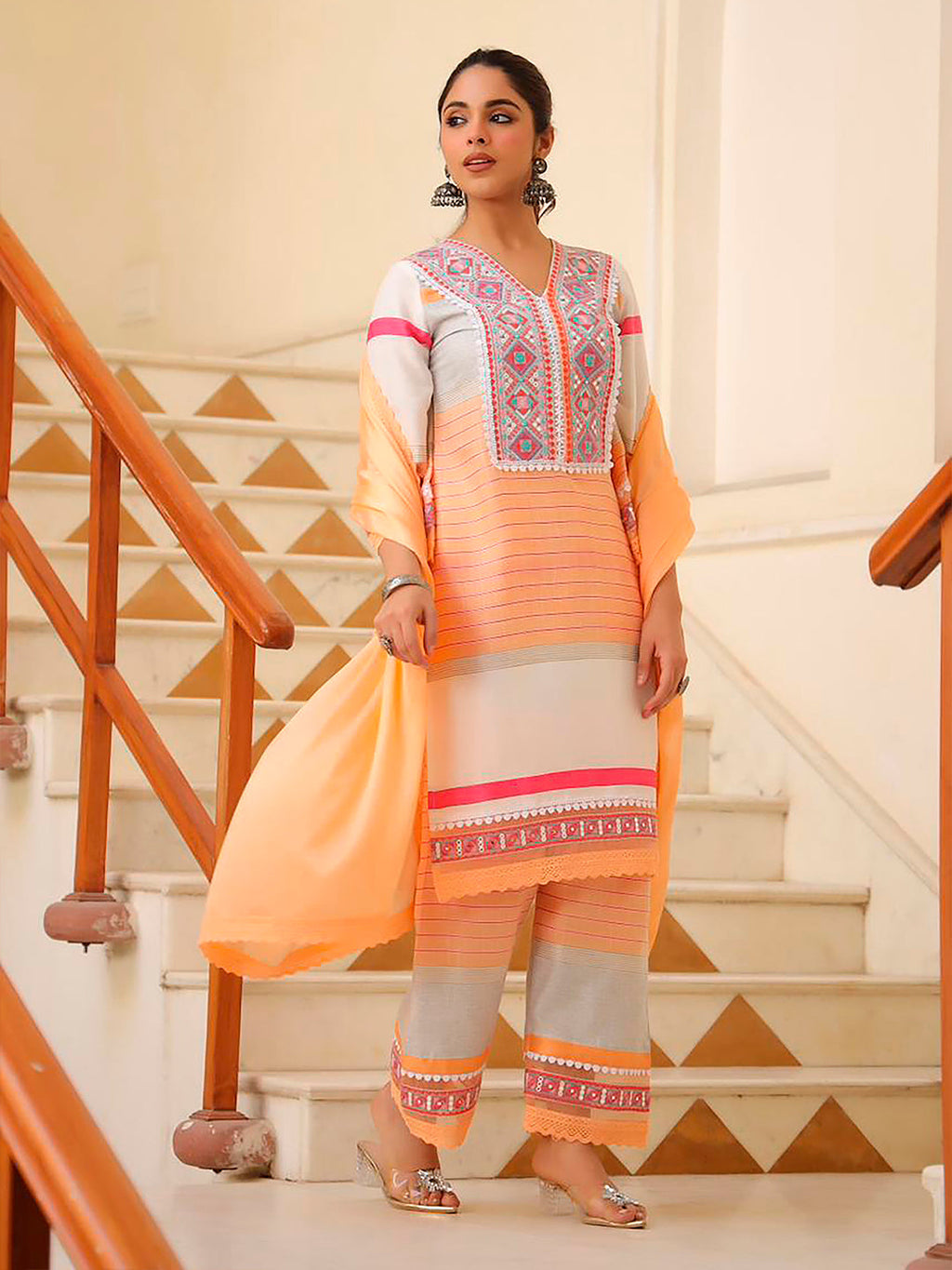 Embroidered & Printed Kurta With Pant & Dupatta Premium, Multicolor - Hiral Fashion - Distacart
