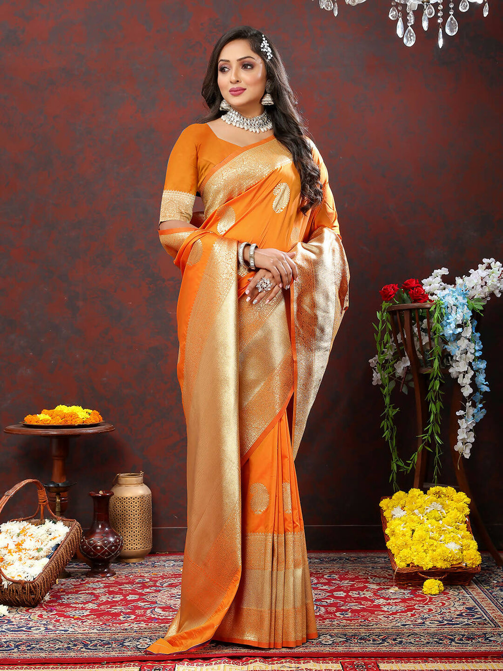 Lorenvalley Fashion Orange Soft Silk Woven Design Gold Zari Weaving Saree