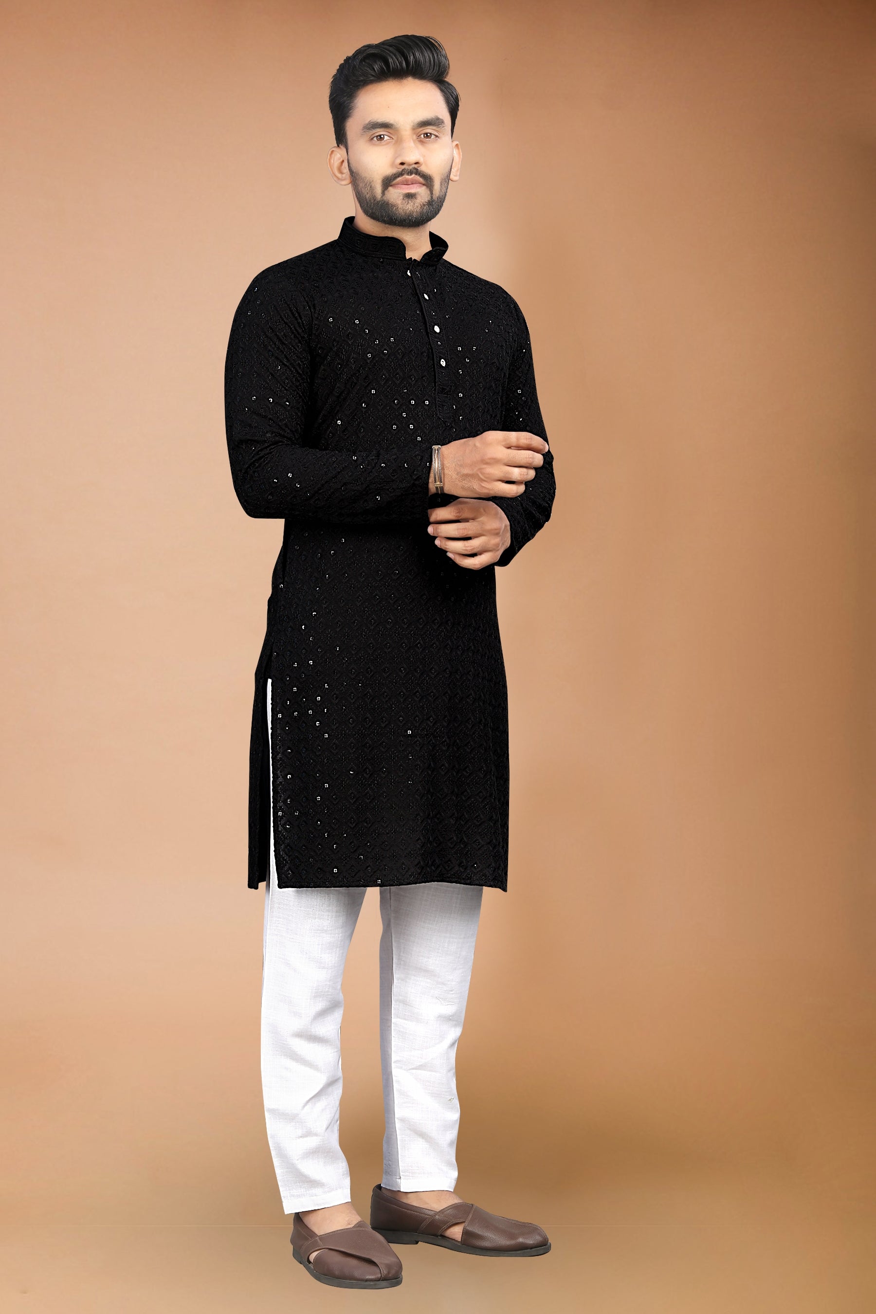 Neera Trendz Black Rayon Schiffli Work Men's Kurta With Pyjama