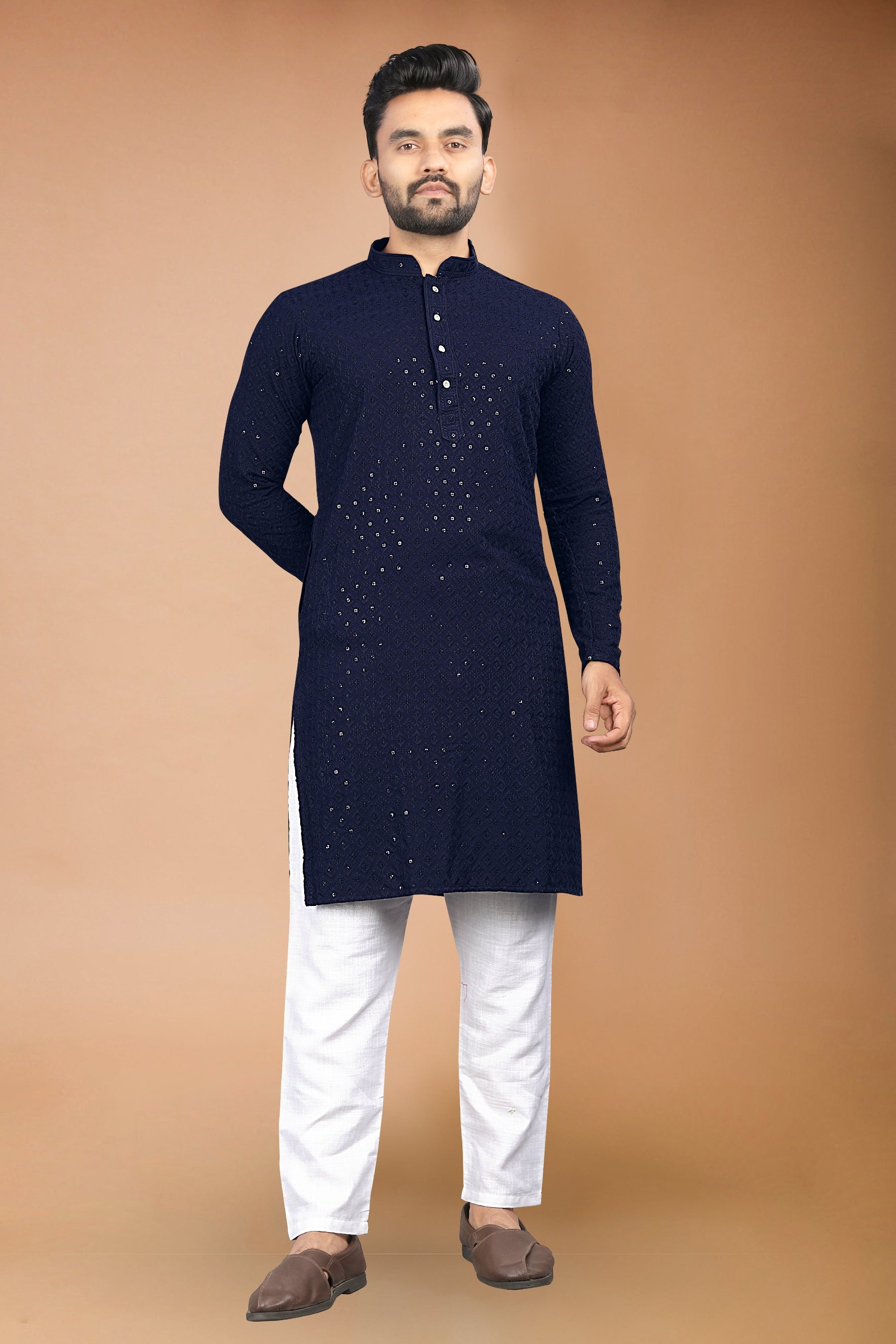Neera Trendz Navy Blue Rayon Schiffli Work Men's Kurta With Pyjama