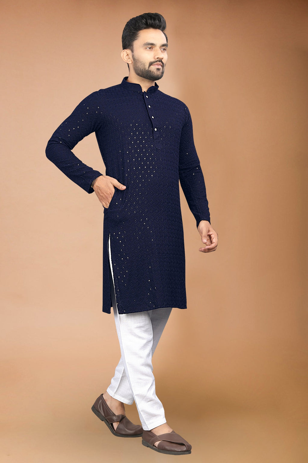 Neera Trendz Navy Blue Rayon Schiffli Work Men's Kurta With Pyjama