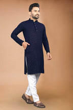 Neera Trendz Navy Blue Rayon Schiffli Work Men's Kurta With Pyjama