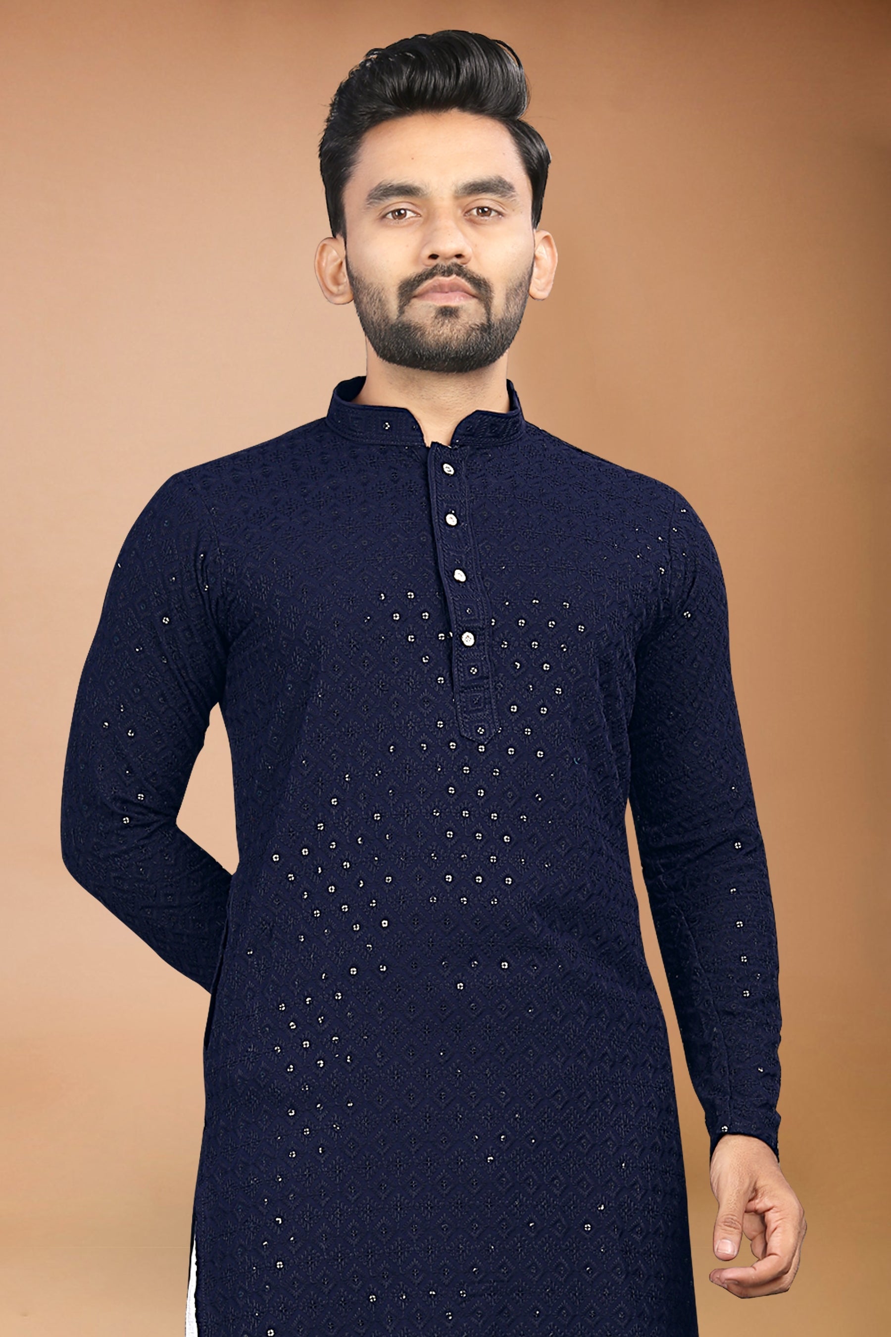 Neera Trendz Navy Blue Rayon Schiffli Work Men's Kurta With Pyjama