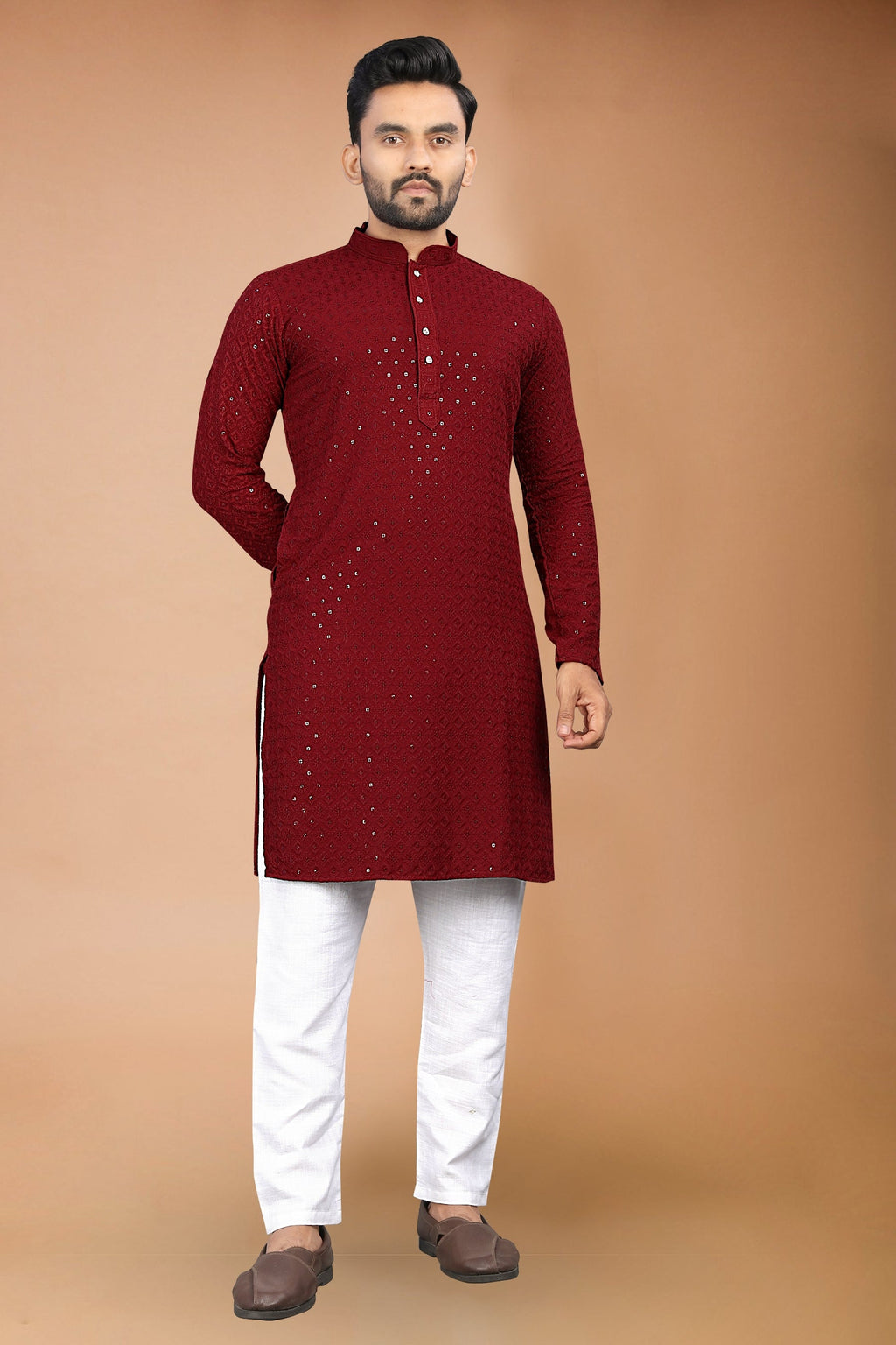 Neera Trendz Maroon Rayon Schiffli Work Men's Kurta With Pyjama